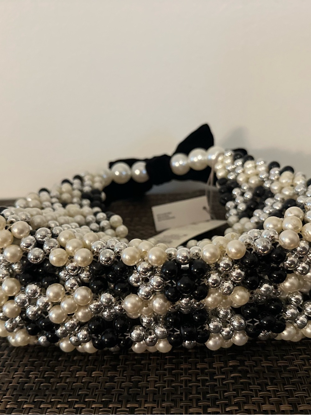 NWT A New Day Black & White Beaded Checkered Shoulder Bag with Bow Pearl - Picture 10 of 12